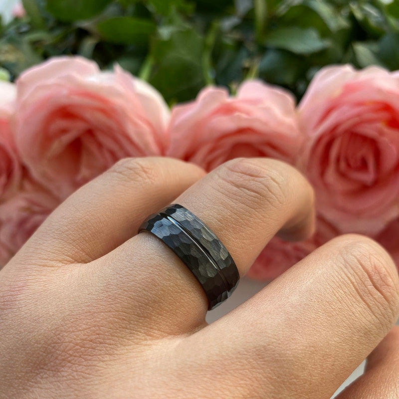8mm Center Groove Hammered Tungsten Ring – Black, Matte Finish (Men's) - Promise Rings