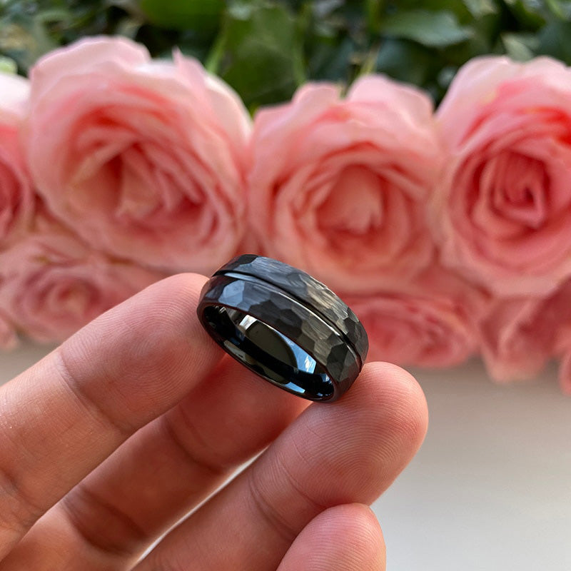 8mm Center Groove Hammered Tungsten Ring – Black, Matte Finish (Men's) - Promise Rings