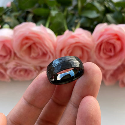 8mm Center Groove Hammered Tungsten Ring – Black, Matte Finish (Men's) - Promise Rings