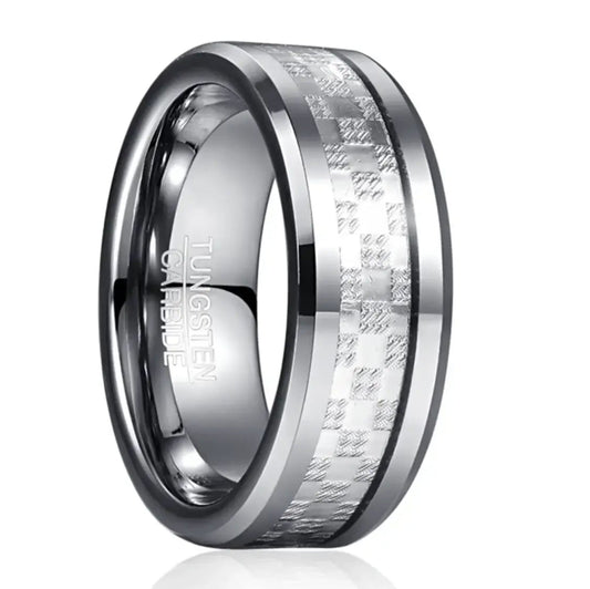 8mm Silver Tungsten Ring – Checkered Inlay Design (Men’s) - Promise Rings