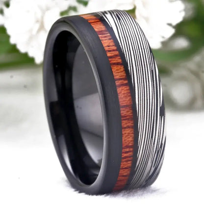 8mm Tungsten Inlay Ring – Zebra Damascus Pattern & Wood Detail (Men’s) - Promise Rings