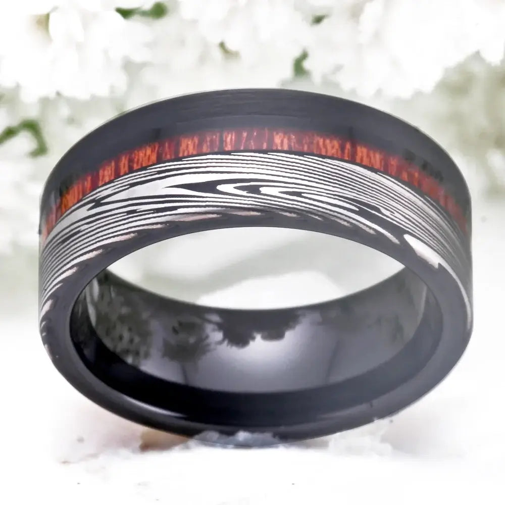 8mm Tungsten Inlay Ring – Zebra Damascus Pattern & Wood Detail (Men’s) - Promise Rings