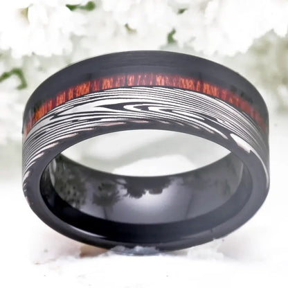 8mm Tungsten Inlay Ring – Zebra Damascus Pattern & Wood Detail (Men’s) - Promise Rings