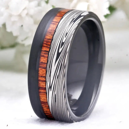 8mm Tungsten Inlay Ring – Zebra Damascus Pattern & Wood Detail (Men’s) - Promise Rings