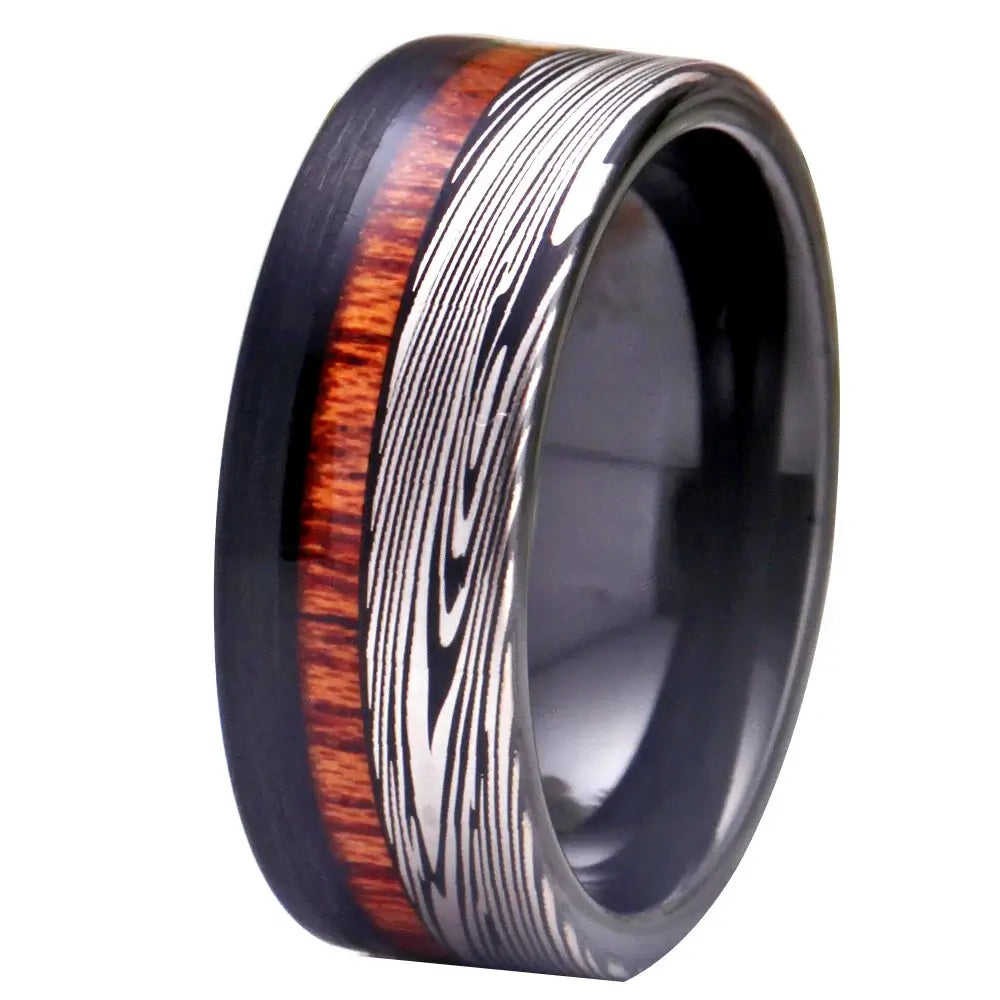 8mm Tungsten Inlay Ring – Zebra Damascus Pattern & Wood Detail (Men’s) - Promise Rings