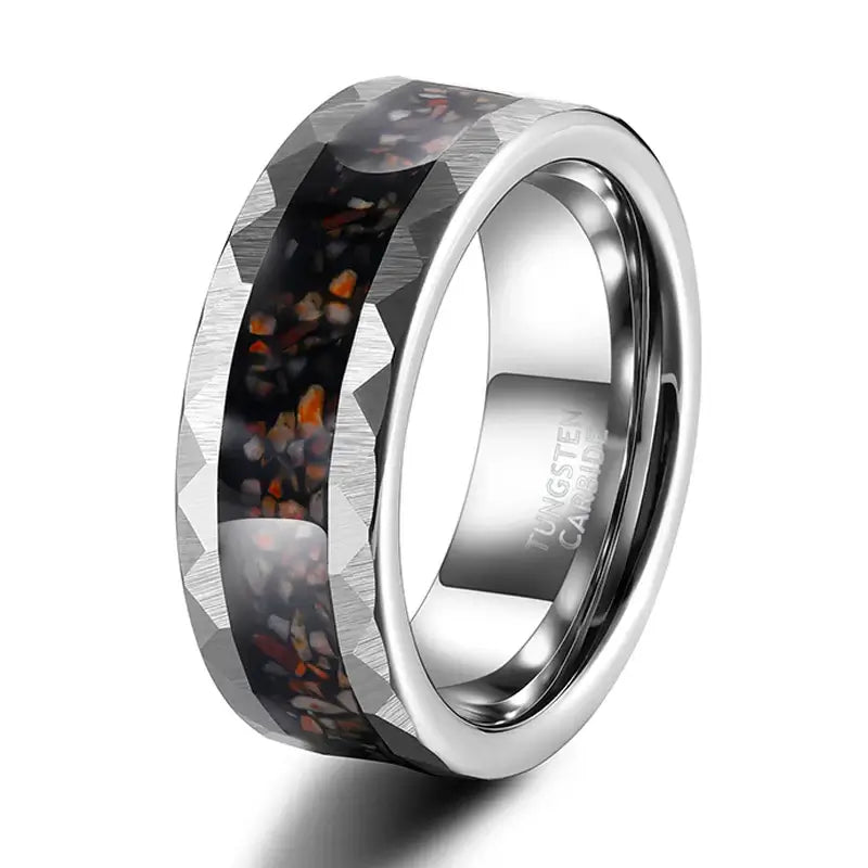 8mm Silver Tungsten Ring – Dinosaur Bone Metal Slag Inlay with Hammered Edge (Men’s) - Promise Rings