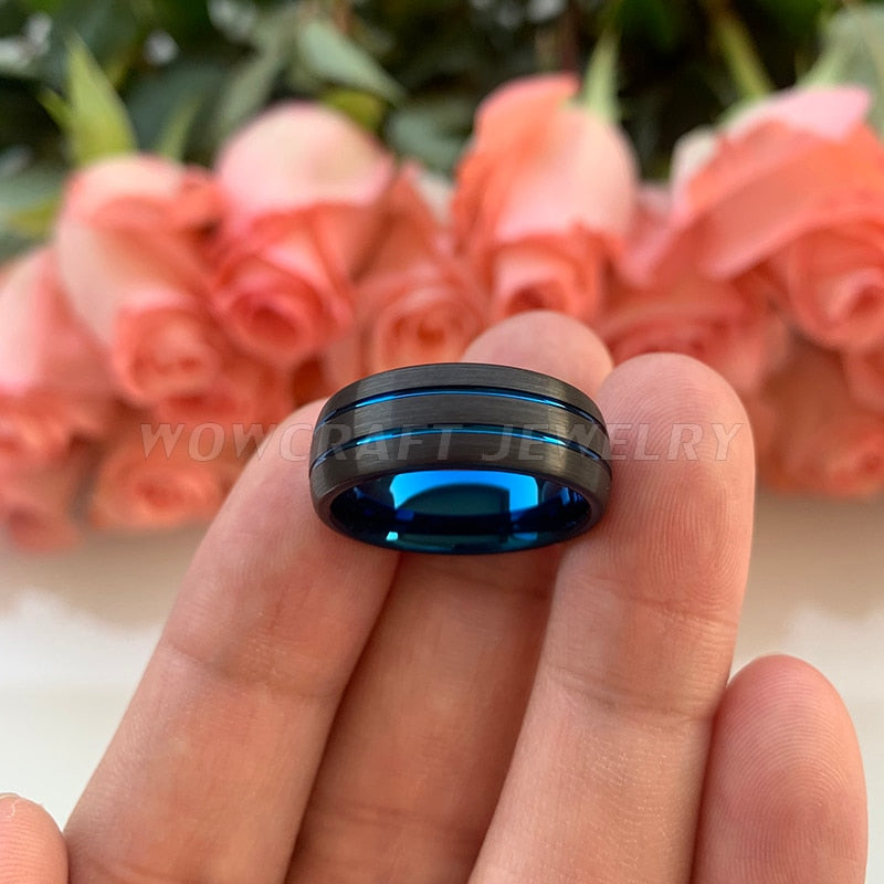 8mm Black Tungsten Ring – Double Blue Groove Design (Men’s) - Promise Rings