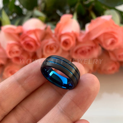 8mm Black Tungsten Ring – Double Blue Groove Design (Men’s) - Promise Rings