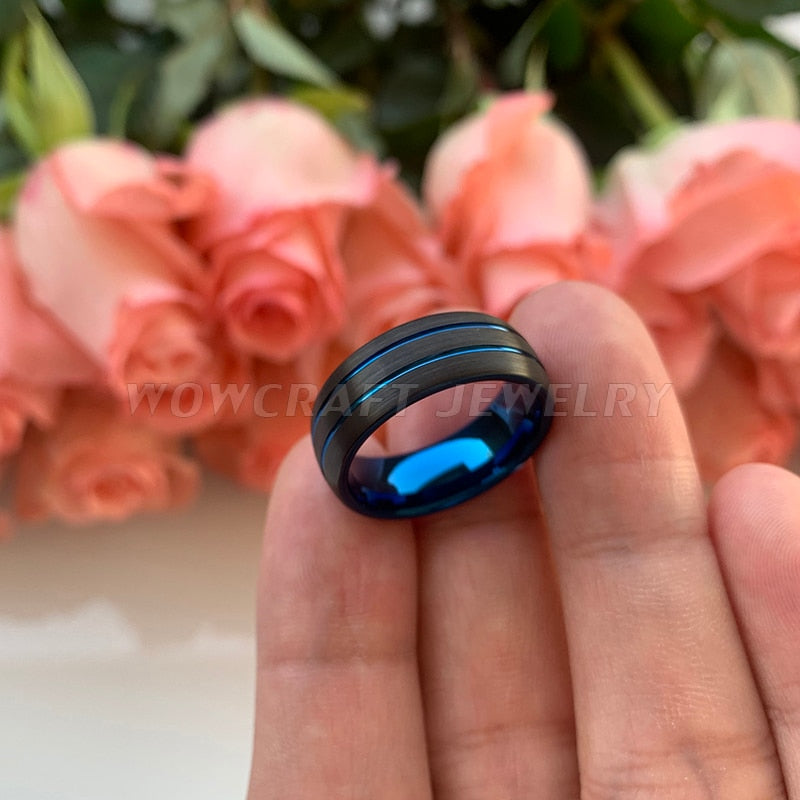8mm Black Tungsten Ring – Double Blue Groove Design (Men’s) - Promise Rings
