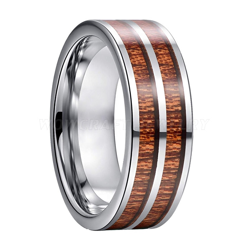 8mm Double Koa Wood Inlay Silver Tungsten Men's Ring - Promise Rings