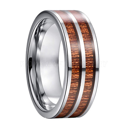 8mm Double Koa Wood Inlay Silver Tungsten Men's Ring - Promise Rings