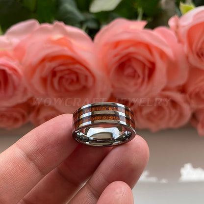 8mm Double Koa Wood Inlay Silver Tungsten Men's Ring - Promise Rings