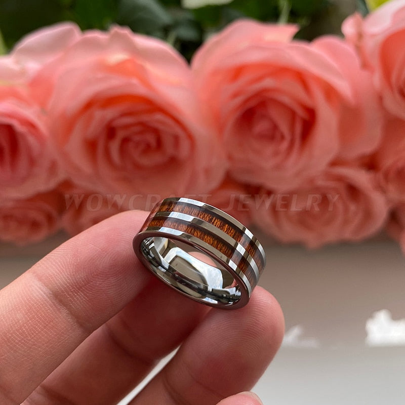 8mm Double Koa Wood Inlay Silver Tungsten Men's Ring - Promise Rings