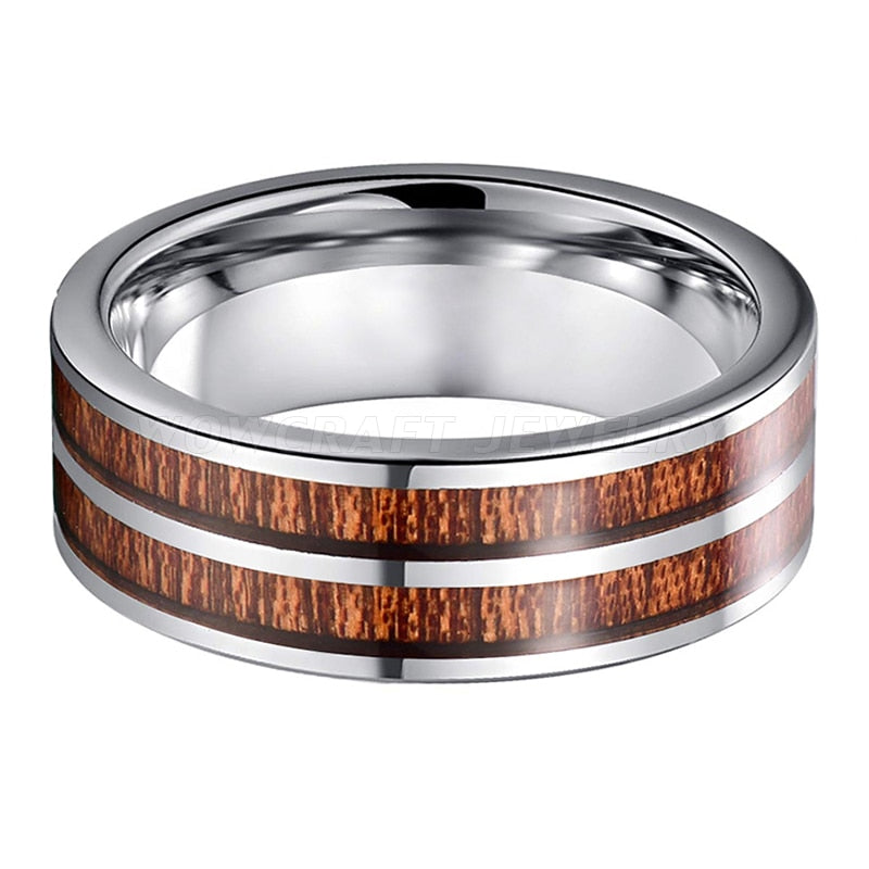 8mm Double Koa Wood Inlay Silver Tungsten Men's Ring - Promise Rings