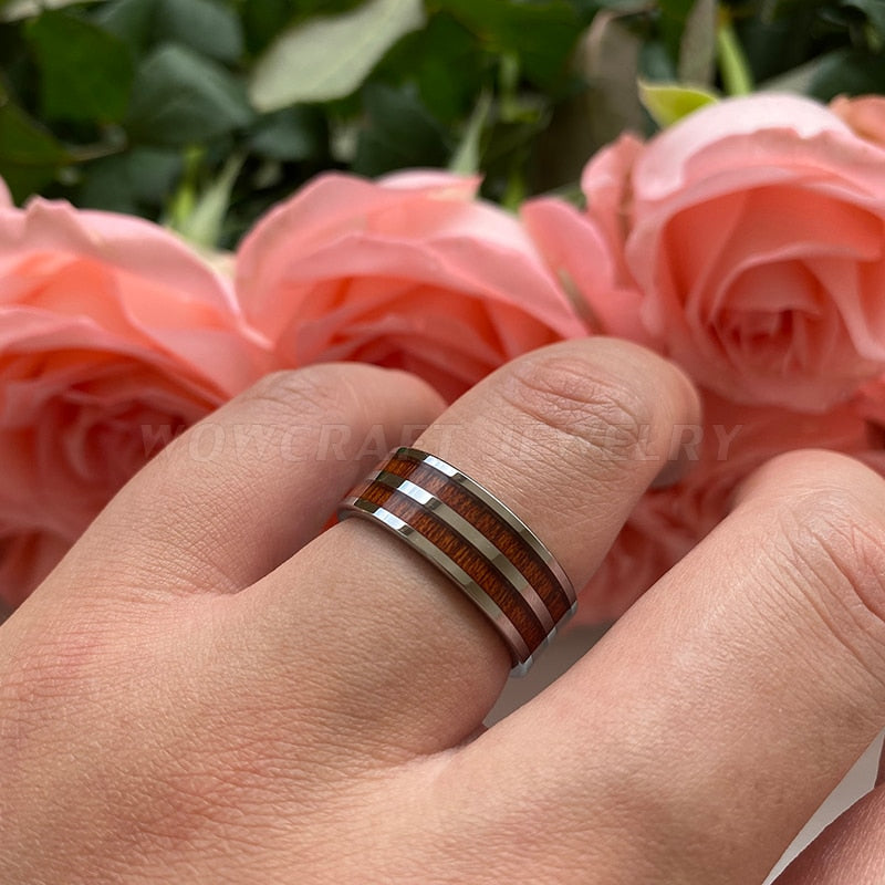 8mm Double Koa Wood Inlay Silver Tungsten Men's Ring - Promise Rings