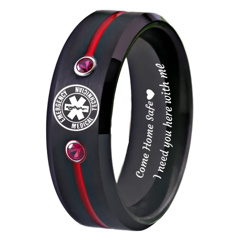 8mm Tungsten Paramedic Medical Design Ring – "Come Home Safe" Engraving (Men’s) - Promise Rings