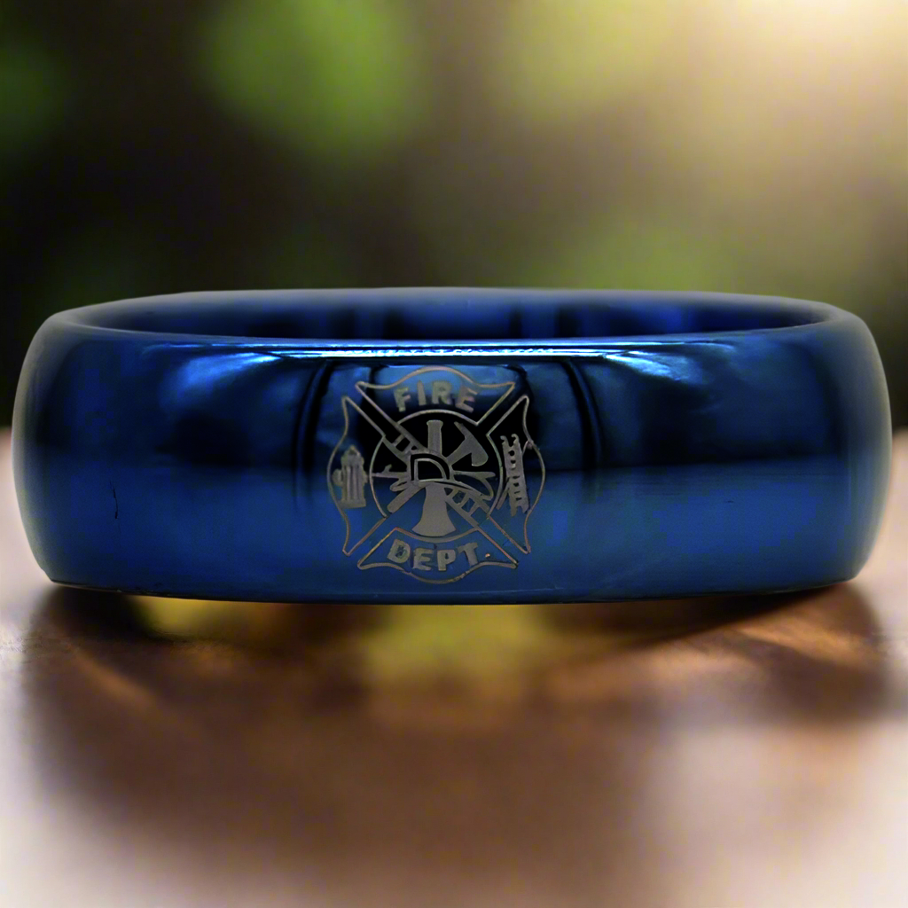 8mm Tungsten Blue Dome Firefighter Ring – Fire Department Tribute and Valor (Men’s) - Promise Rings