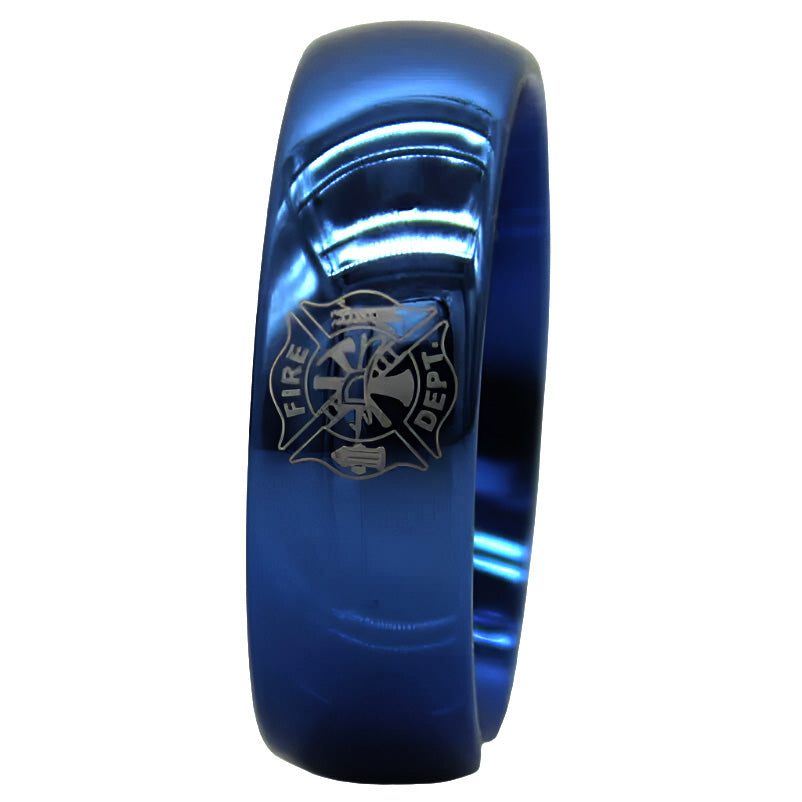 8mm Tungsten Blue Dome Firefighter Ring – Fire Department Tribute and Valor (Men’s) - Promise Rings
