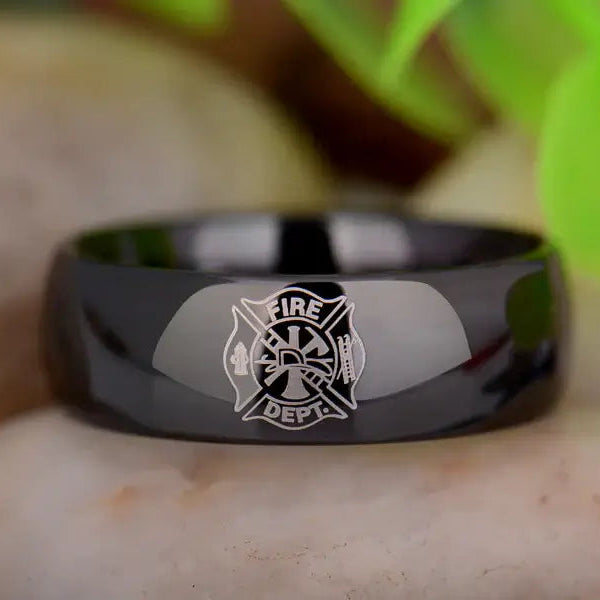 8mm Black Tungsten Firefighter Ring – Classic Shield Design (Men’s)