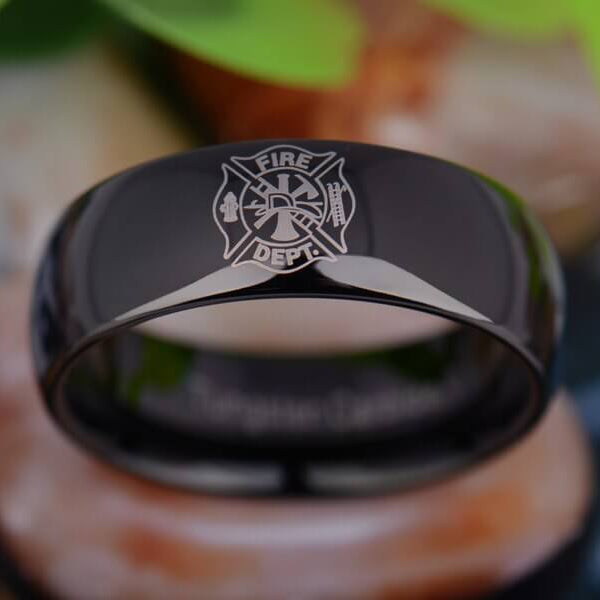 8mm Black Tungsten Firefighter Ring – Classic Shield Design (Men’s)