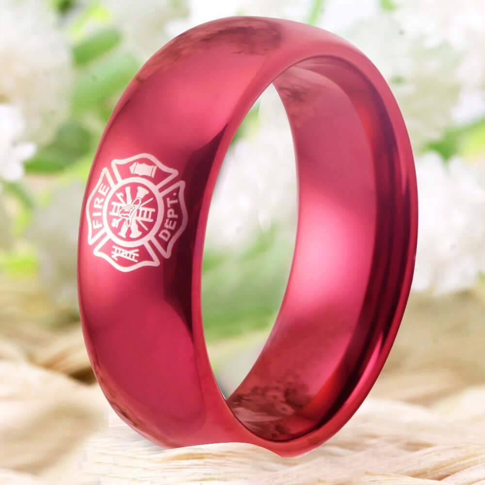 8mm Tungsten Red Firefighter Shield Ring – Tribute to Courage and ...