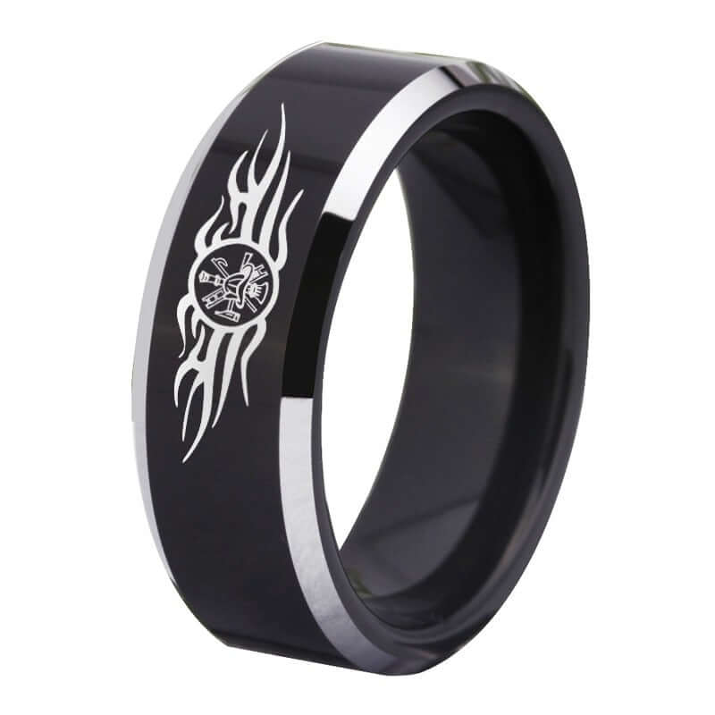 8mm Black Tungsten Firefighter Ring – Flame Symbol Design (Men’s) - Promise Rings