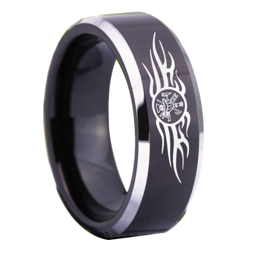 8mm Black Tungsten Firefighter Ring – Flame Symbol Design (Men’s)
