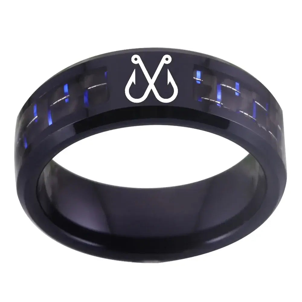 8mm Tungsten Fishing Hooks Ring – Black Carbon Fiber Inlay Design (Men’s) - Promise Rings