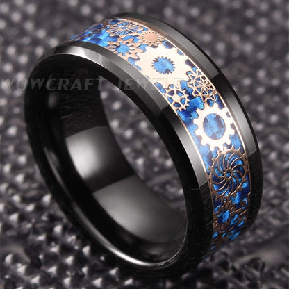8mm Gears Blue Carbon Fibre Rose Gold & Black Tungsten Men's Ring - Promise Rings