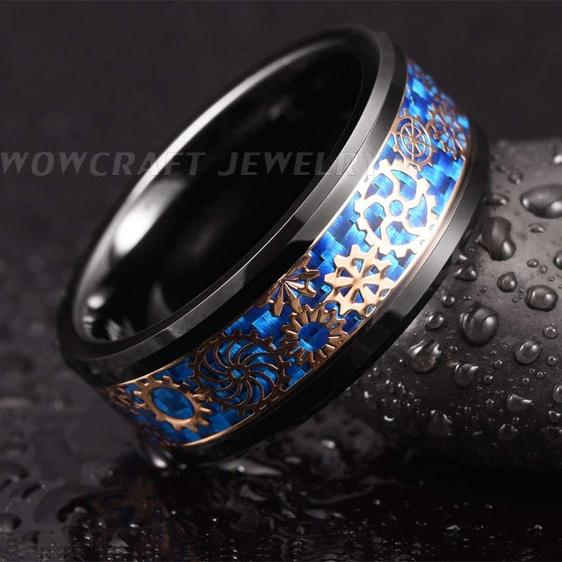 8mm Gears Blue Carbon Fibre Rose Gold & Black Tungsten Men's Ring - Promise Rings