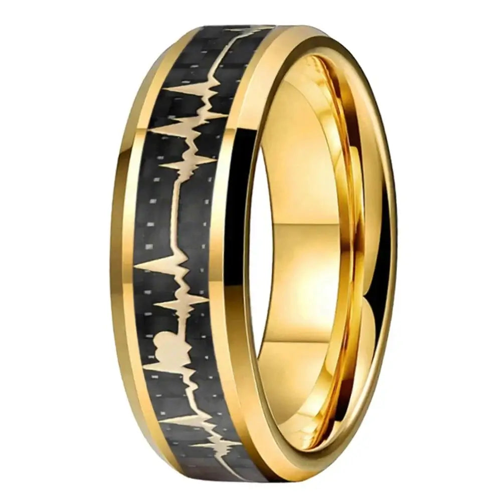 8mm Tungsten Carbon Fibre Ring – Heartbeat EKG Love Symbol Design (Men’s) - Promise Rings