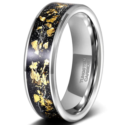 8mm Golden Flecks Black Tungsten Ring – Gold Foil & Gold String Styles (Men’s) - Promise Rings