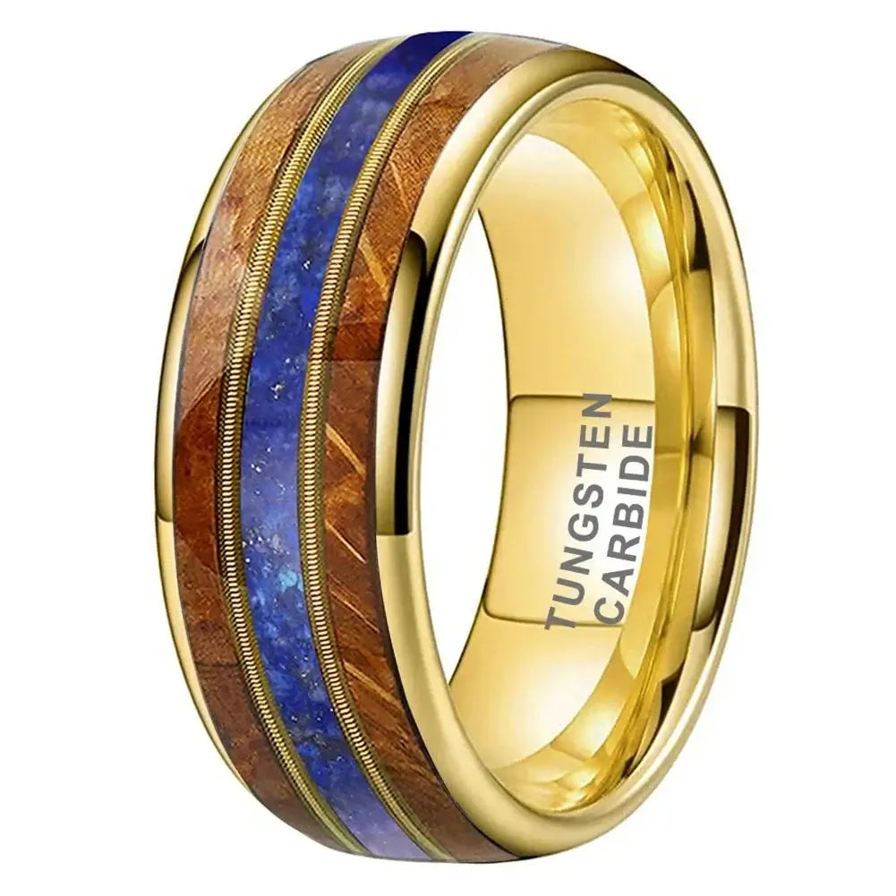 8mm Wood & Tungsten Ring – Golden Guitar Strings with Lapis and Whisky ...
