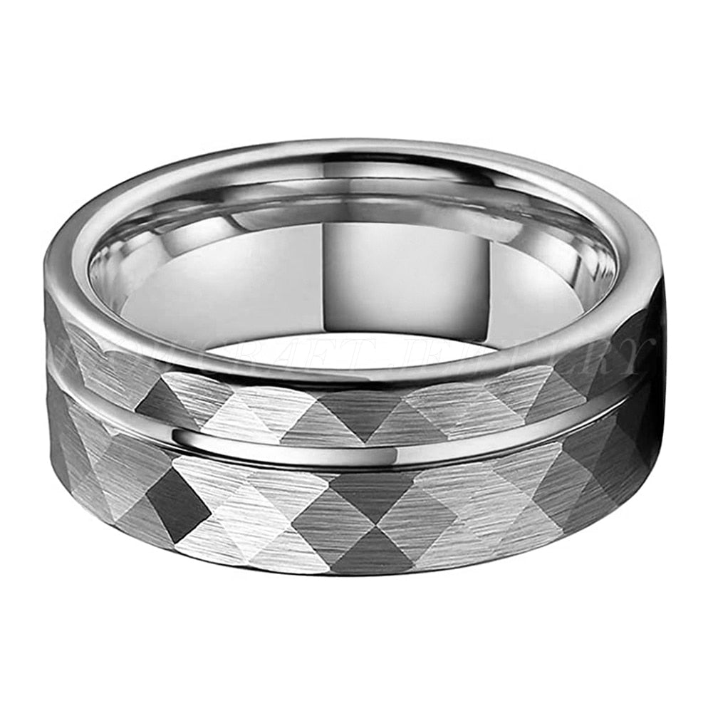 8mm Groove Inlay Hammered Silver Tungsten Men's Ring