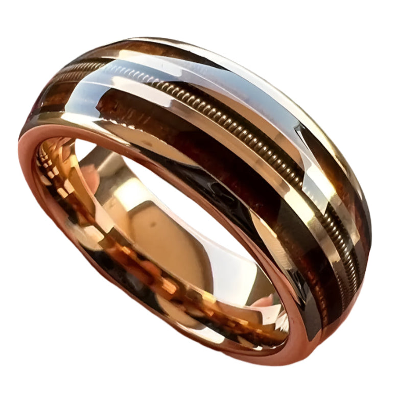 Metal Ring String Instrument 8mm Rose Gold Tungsten Ring – Wood and Guitar String Inlay Design (Men’s)