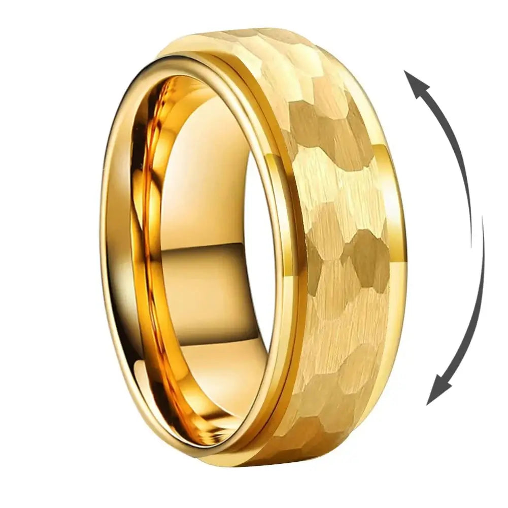 Gold Rotating Rings 8mm Titanium Gold Spinner Ring – Hammered Rotatable Design (Unisex)