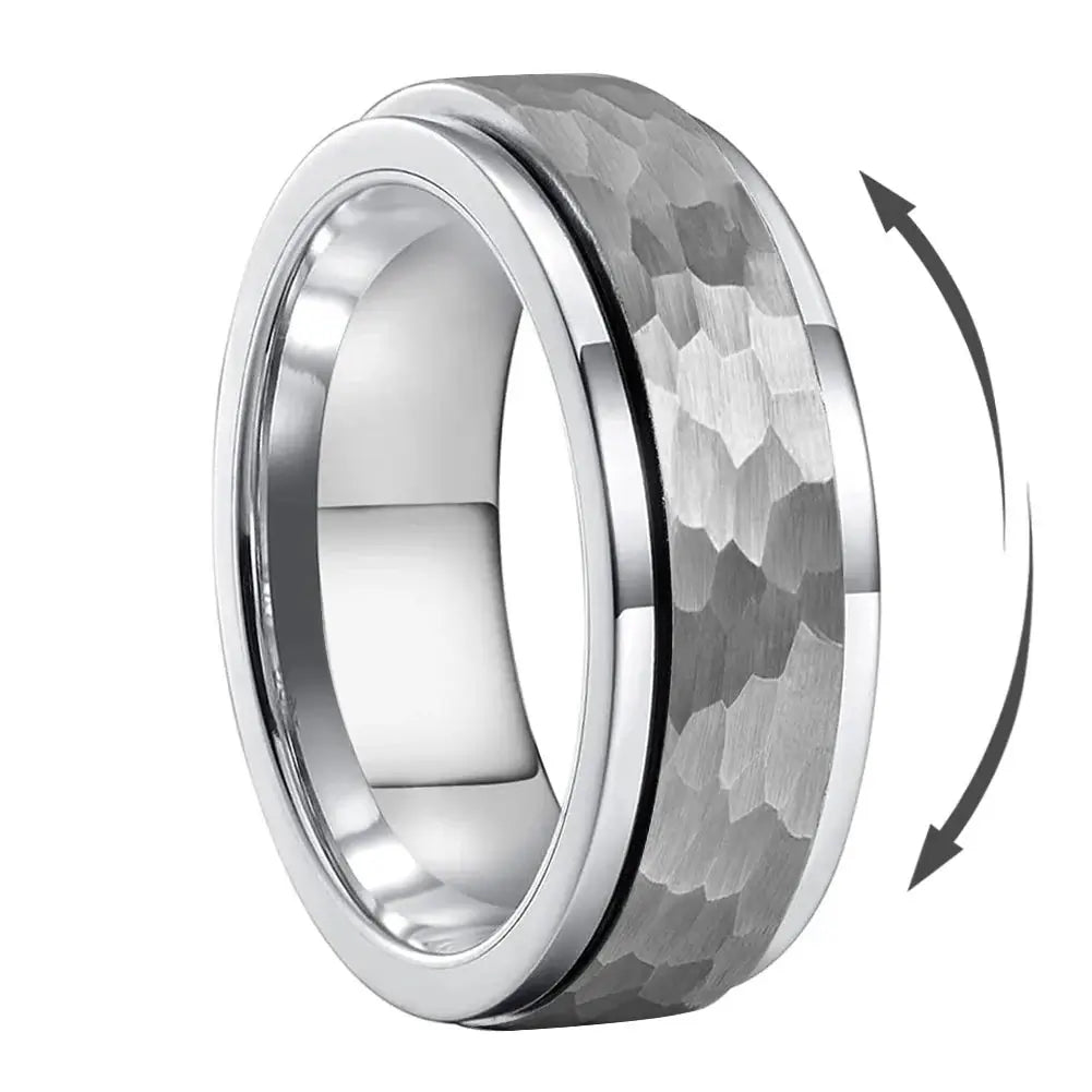 8mm Titanium Silver Spinner Ring – Hammered Rotatable Design (Unisex) - Promise Rings