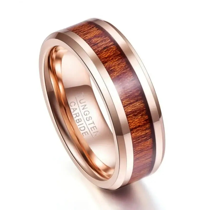 8mm Rose Gold Tungsten Ring – Hawaiian Koa Wood Inlay (Men's) - Promise Rings