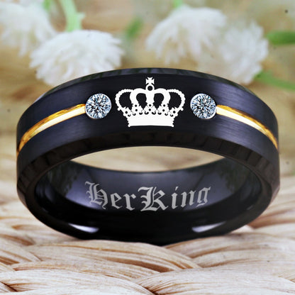 His 8mm Queen & Her King – Black Tungsten Matching Couples Rings with Gold Stripe & Crown Design (Unisex) - Promise Rings