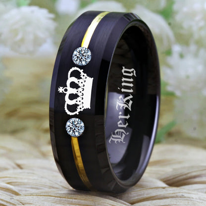 His 8mm Queen & Her King – Black Tungsten Matching Couples Rings with Gold Stripe & Crown Design (Unisex) - Promise Rings