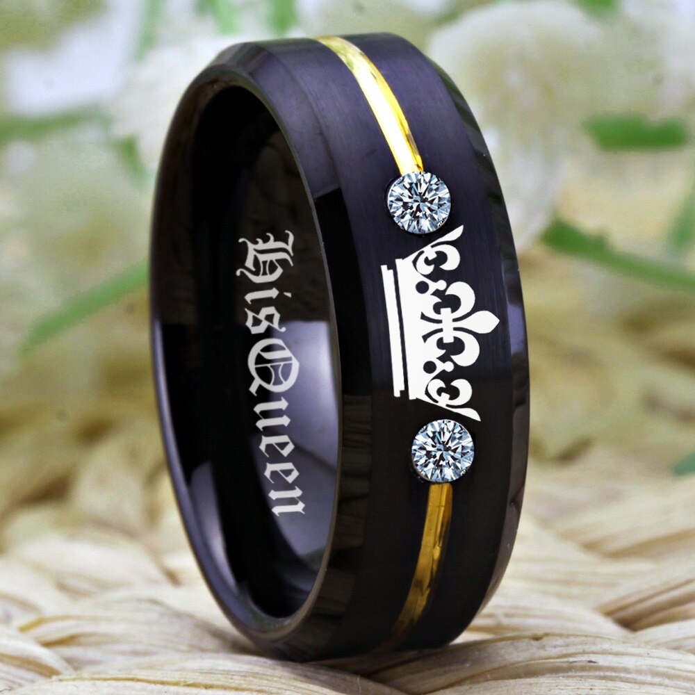 His 8mm Queen & Her King – Black Tungsten Matching Couples Rings with Gold Stripe & Crown Design (Unisex) - Promise Rings