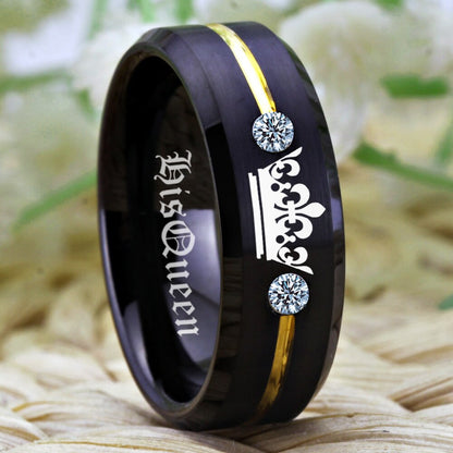 His 8mm Queen & Her King – Black Tungsten Matching Couples Rings with Gold Stripe & Crown Design (Unisex) - Promise Rings