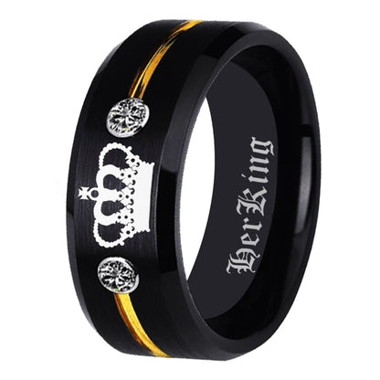 His 8mm Queen & Her King – Black Tungsten Matching Couples Rings with Gold Stripe & Crown Design (Unisex) - Promise Rings