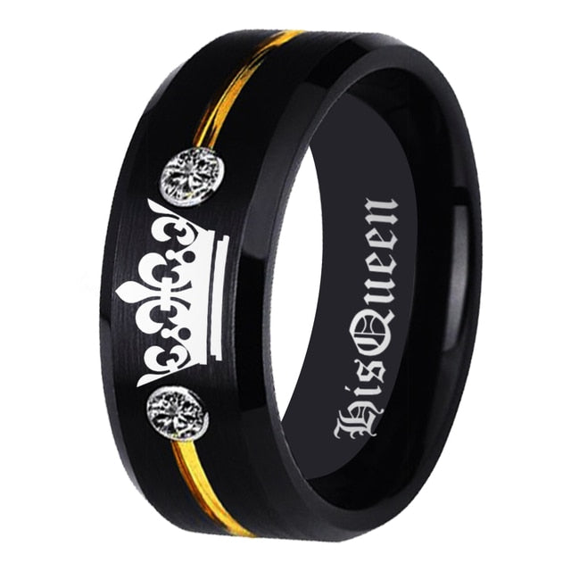 His 8mm Queen & Her King – Black Tungsten Matching Couples Rings with Gold Stripe & Crown Design (Unisex) - Promise Rings