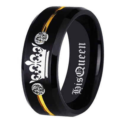 His 8mm Queen & Her King – Black Tungsten Matching Couples Rings with Gold Stripe & Crown Design (Unisex) - Promise Rings