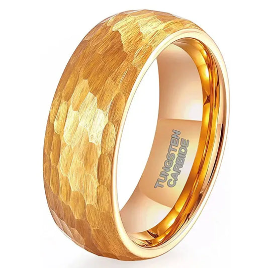 8mm Tungsten Honey Gold Hammered Pattern Ring – Bold Texture and Warm Tone Design (Men’s) - Promise Rings