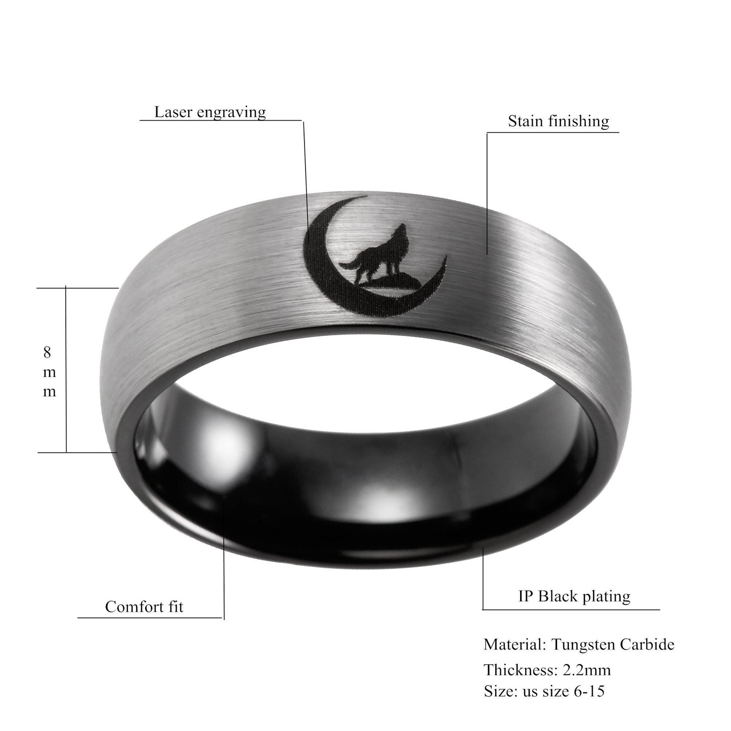 8mm Howling Wolf & Moon Outdoors Tungsten Unisex Ring - Promise Rings