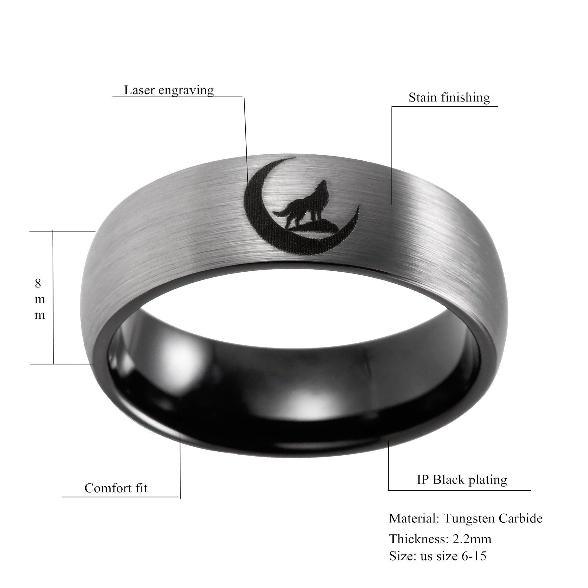8mm Howling Wolf & Moon Outdoors Tungsten Unisex Ring - Promise Rings