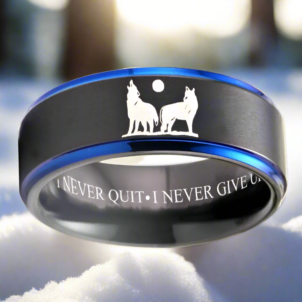 8mm Tungsten Never Quit Wolf Ring – Strength, Perseverance & Courage (Men’s) - Promise Rings