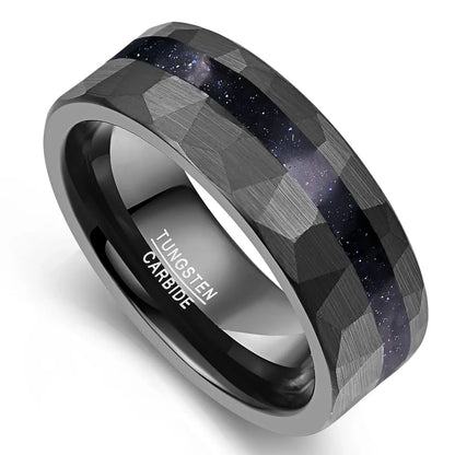 8mm Black Tungsten Ring – Hammered Blue Sandstone Inlay with Comfort Fit (Men’s) - Promise Rings